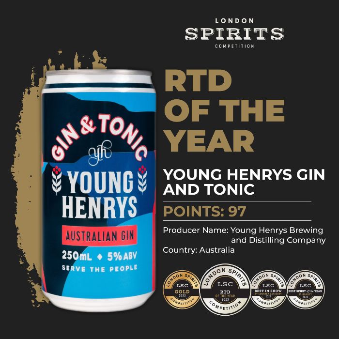 Young Henrys GIN and TONIC scored top quality score of 97 points at the 2023 London Spirits Competition